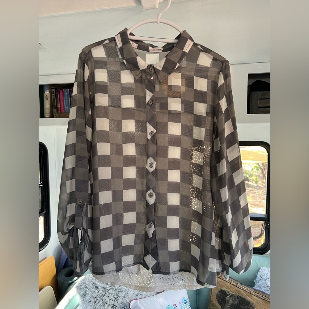 Charming Charlie’s Sheer and Lace Flannel Blouse (size: medium/large)